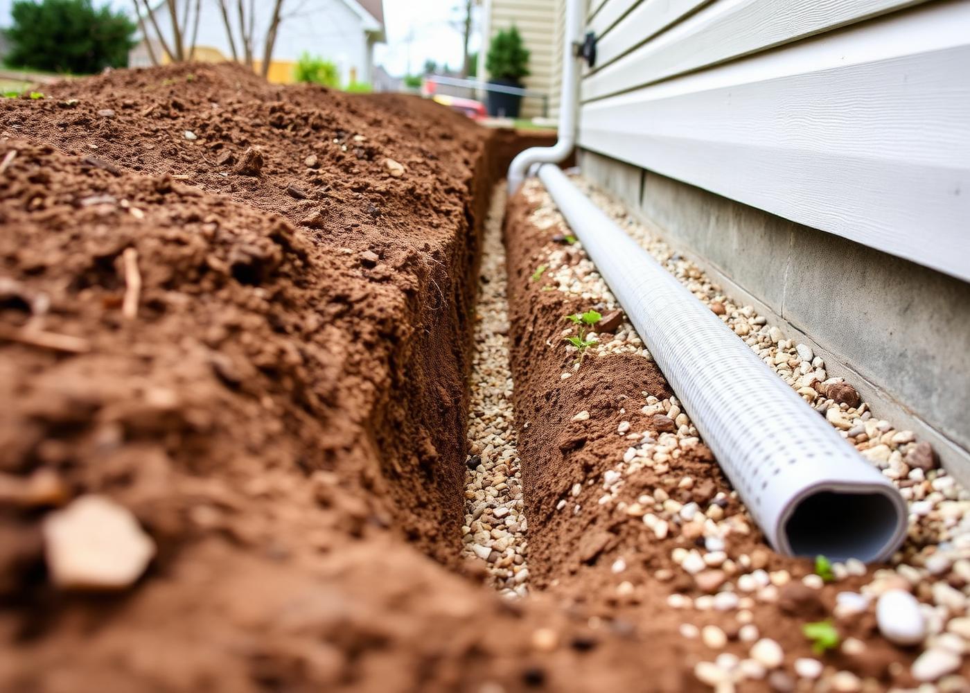 French drain trench with perforated pipe and gravel installed beside a house foundation in Etobicoke
