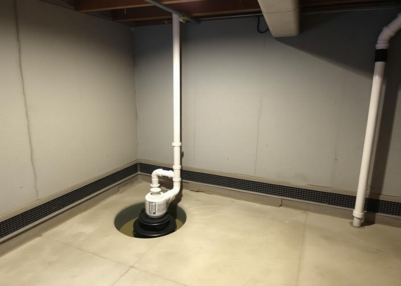 Interior basement drainage channel and sump pump installed along the perimeter of a basement floor